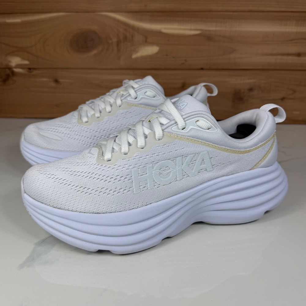 Hoka One One White Athletic Running Shoes with Subtle Gold Trim - Picture 2 of 16